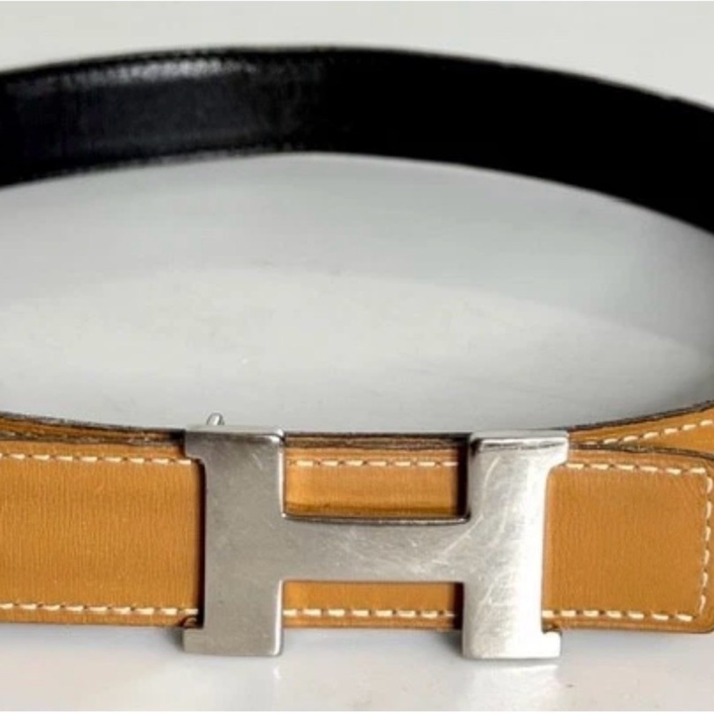 Women Hermes Leather Belt with Silver H Buckle in Tan and Black 65mm 25 inch
